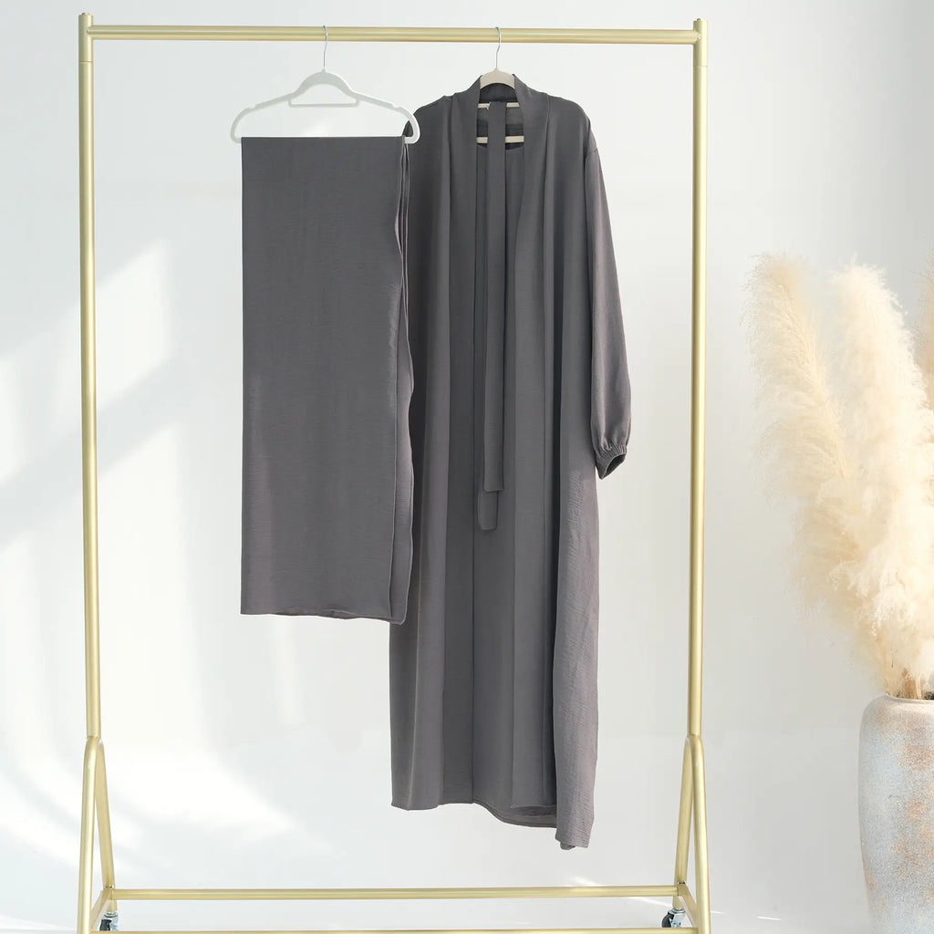 3 Pieces Set Wrinkle Fabric Cardigan Open Abaya Dress With Hijab