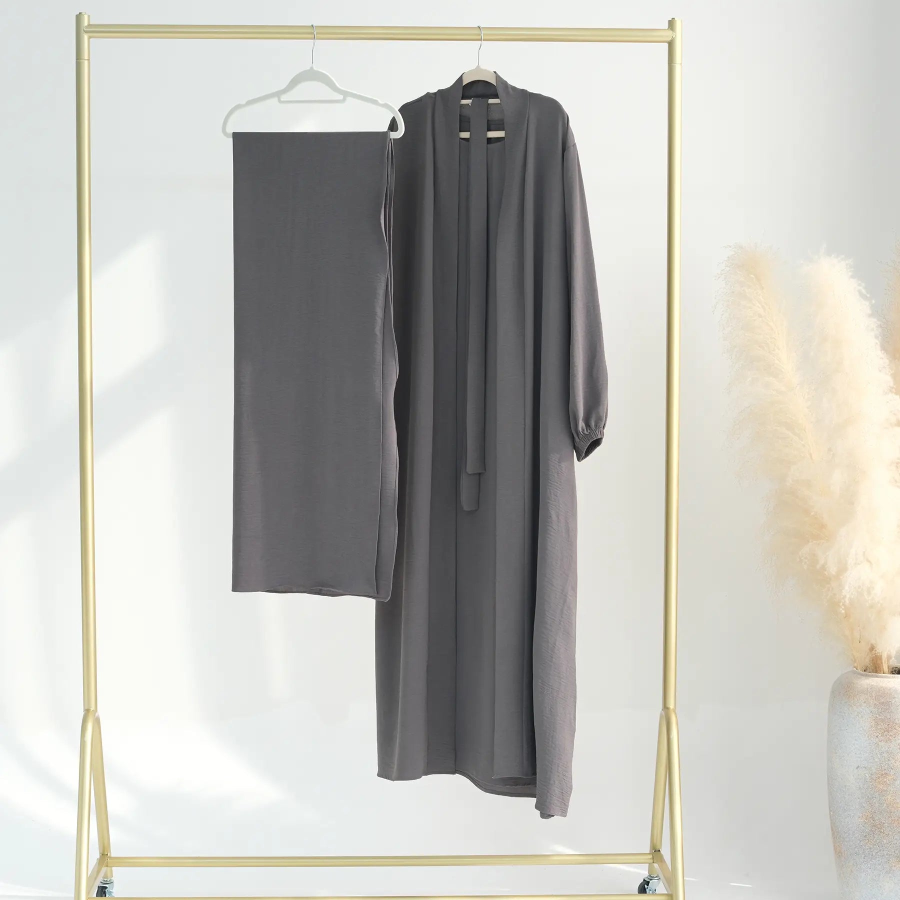 3 Pieces Set Wrinkle Fabric Cardigan Open Abaya Dress With Hijab