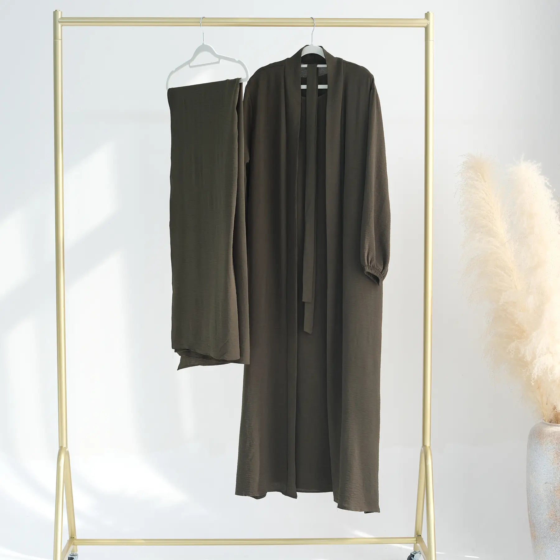 3 Pieces Set Wrinkle Fabric Cardigan Open Abaya Dress With Hijab