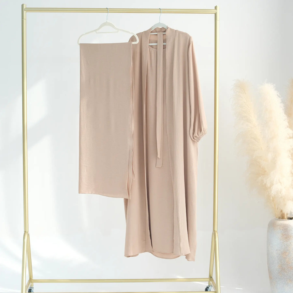 3 Pieces Set Wrinkle Fabric Cardigan Open Abaya Dress With Hijab