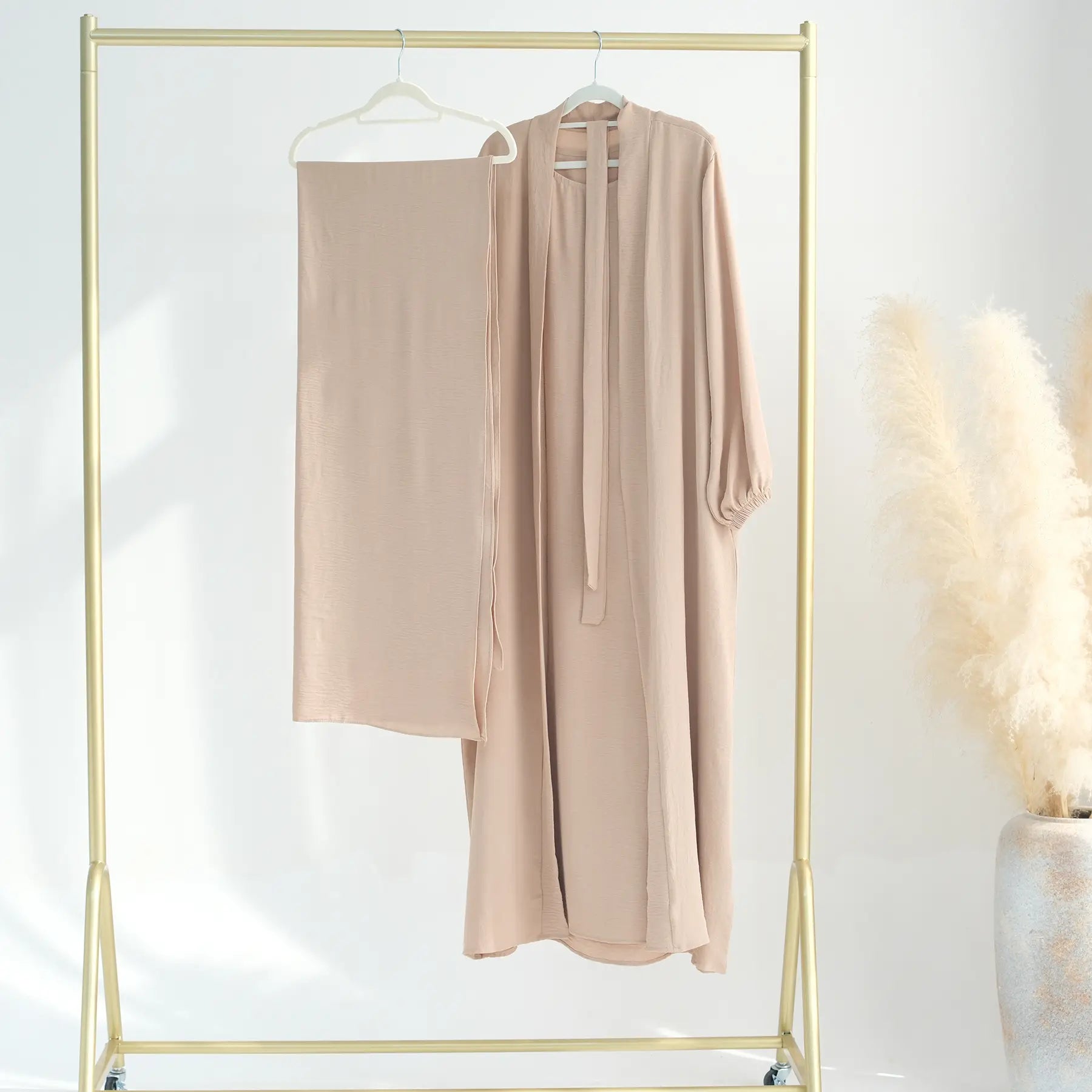 3 Pieces Set Wrinkle Fabric Cardigan Open Abaya Dress With Hijab