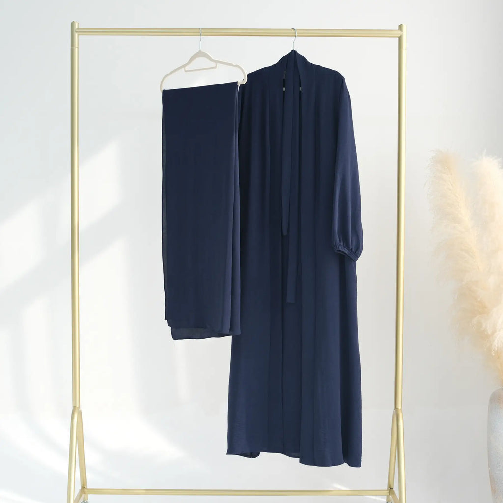 3 Pieces Set Wrinkle Fabric Cardigan Open Abaya Dress With Hijab