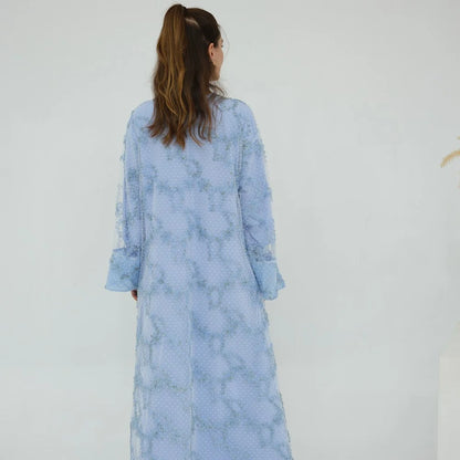 طقم عباية مفتوح من الدانتيل مزخرف بالزهور مكون من 3 قطع مع عباية نيدا وحجاب مطابق #251074