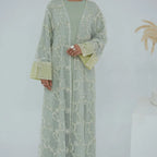 3 Pieces Set Lace Textured Floral Open Abaya Dress With Nida Abaya Dress And Matching Hijab #251074