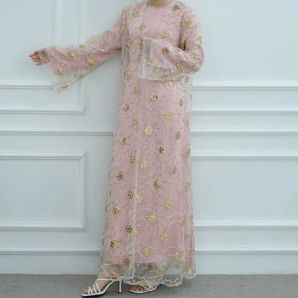 طقم مكون من قطعتين من عباية مفتوحة مطرزة بتطريز مفرغ مع عباية داخلية #251070