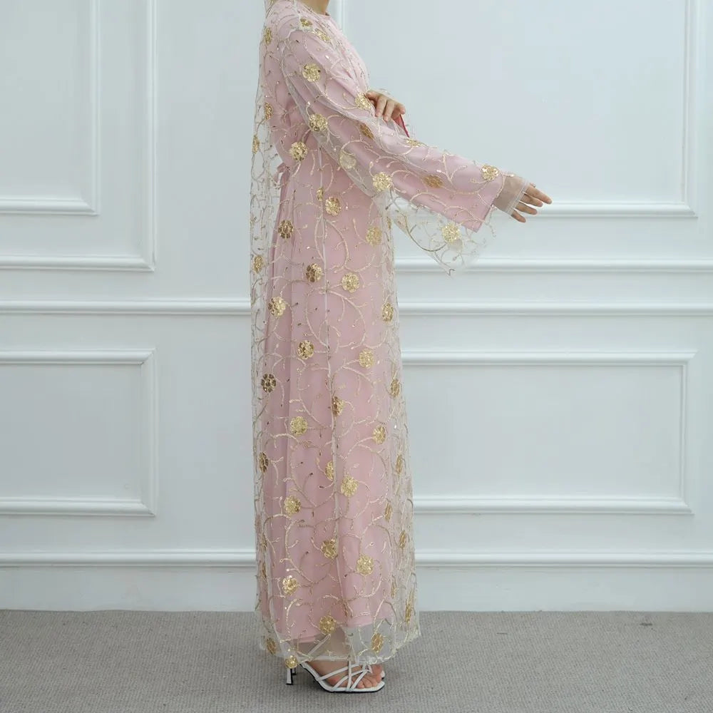 طقم مكون من قطعتين من عباية مفتوحة مطرزة بتطريز مفرغ مع عباية داخلية #251070