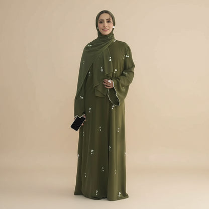 فستان نيدا مفتوح من العباءة المطرزة بالورود مع حجاب متناسق #251120