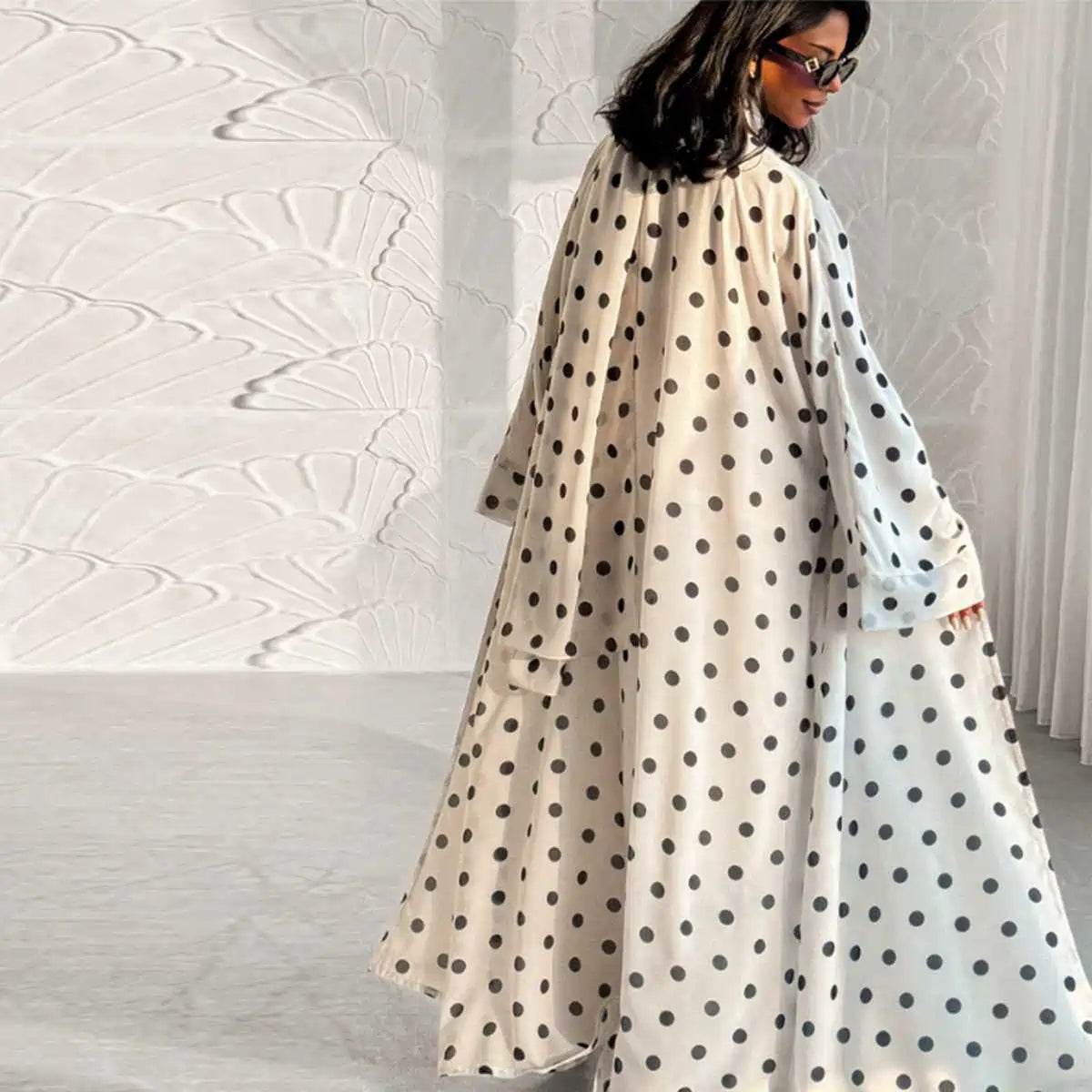Polka Dot Print Cardigan Open Abaya Dress With Matching Hijab #251119
