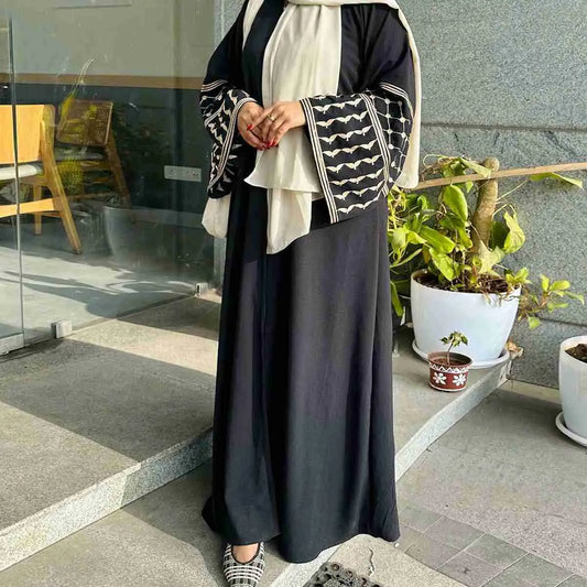 Embroidery Sleeve Muslim Women Open Abaya Dress