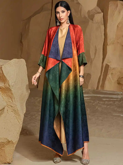 Reversible Cardigan Open Abaya Dress - Jacquard - Gradient Satin - #255034