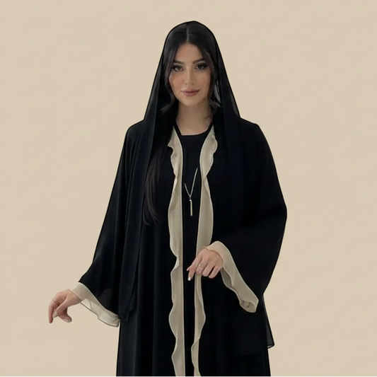 Cardigan Open Abaya Dress - Flounced - Black - #25179