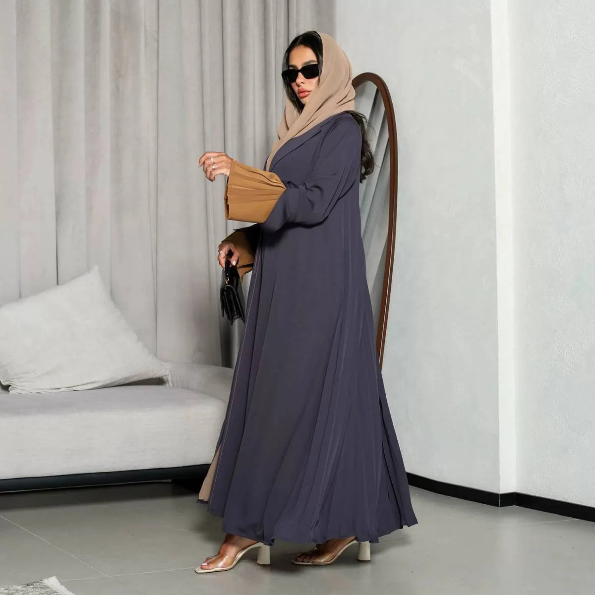 Women Open Abaya Dress - Pleated - Velvet Satin - Gray - #25171