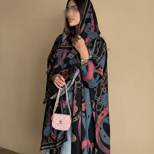 Printed Cardigan Open Abaya Dress With Matching Hijab For Muslim Women #25234