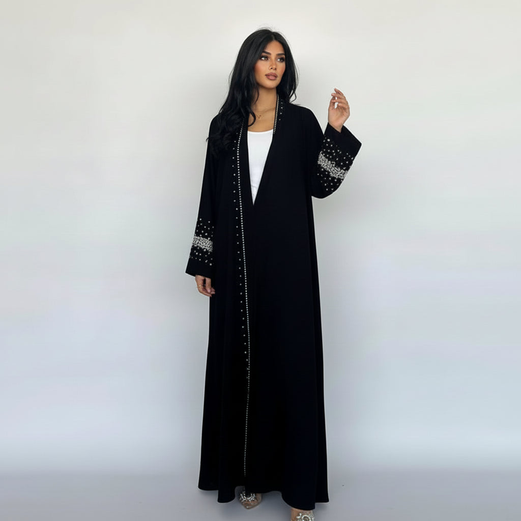 With Hijab Hotfix Rhinestones Beads Cardigan Open Abaya Dress