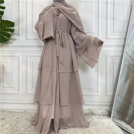 Apricot 3 Layer Chiffon Open Abaya Dress #25C1896