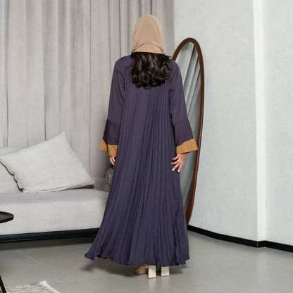 Women Open Abaya Dress - Pleated - Velvet Satin - Gray - #25171