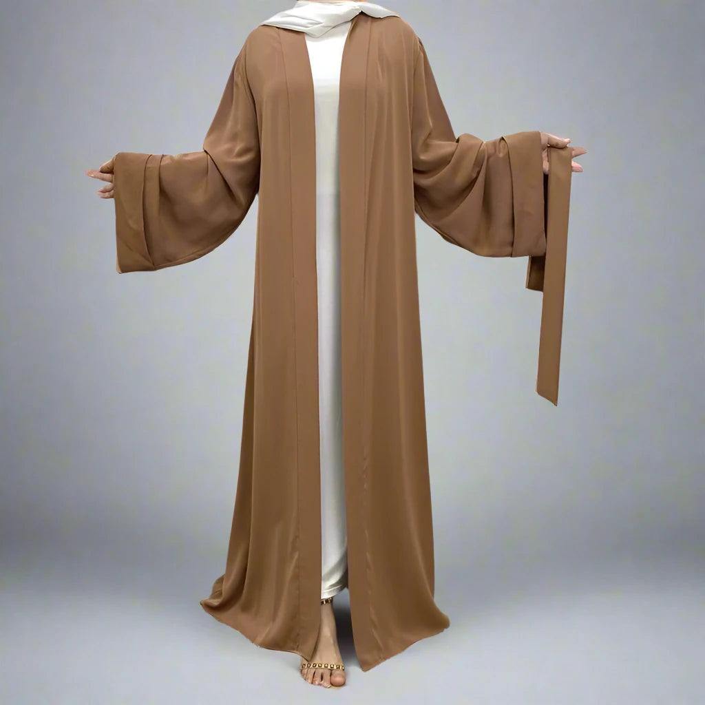 Broken Twill Fabric Muslim Women Open Abaya Dress With Pocket