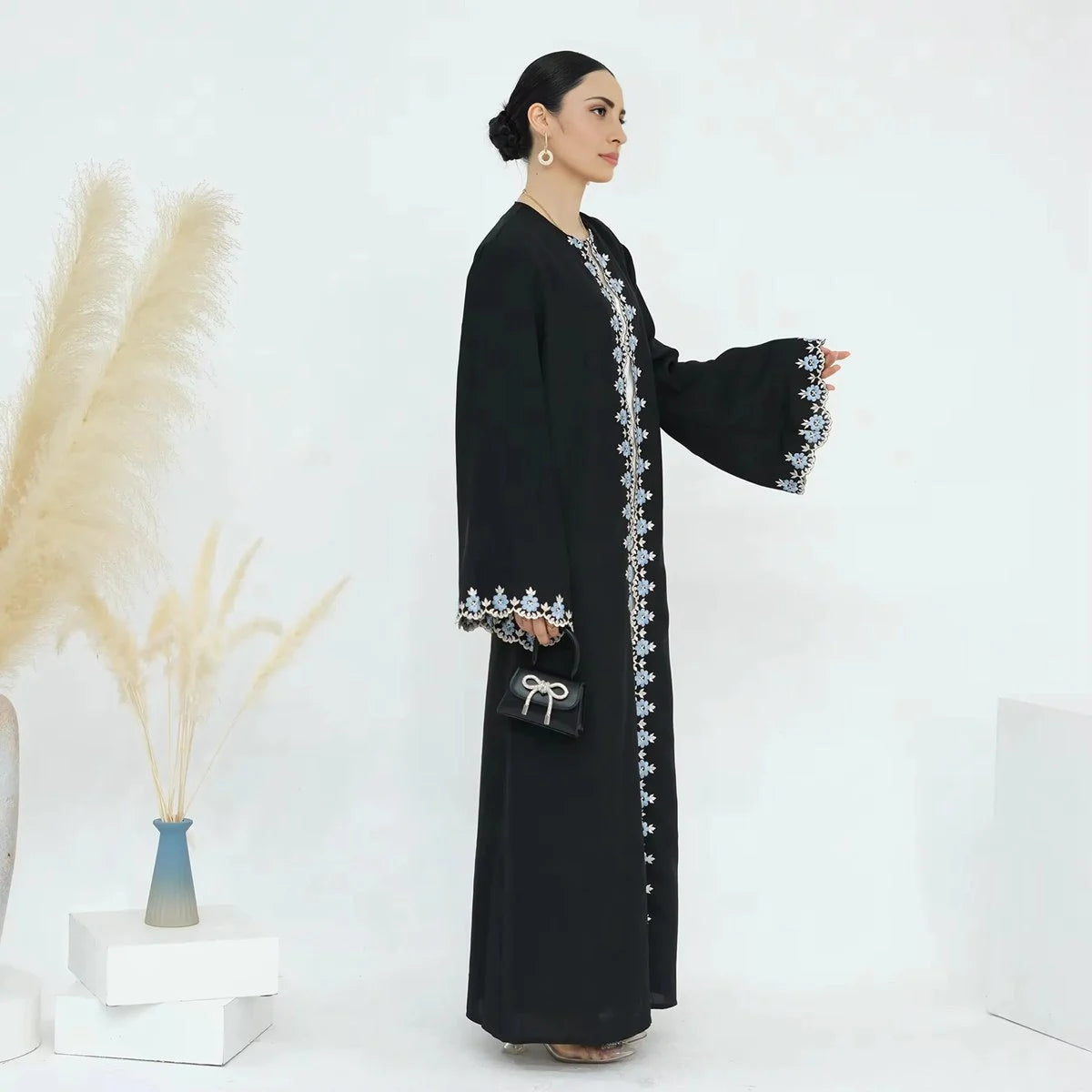 Floral Embroidery Nida Cardigan Open Abaya Dress #24909
