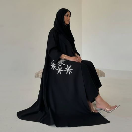 Cardigan Open Abaya Dress - Embroidery - Black - #25196