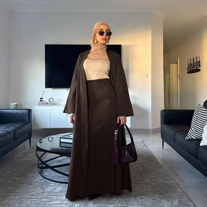 طقم عباية مفتوح مع تنورة للنساء المسلمات من قطعتين #251072