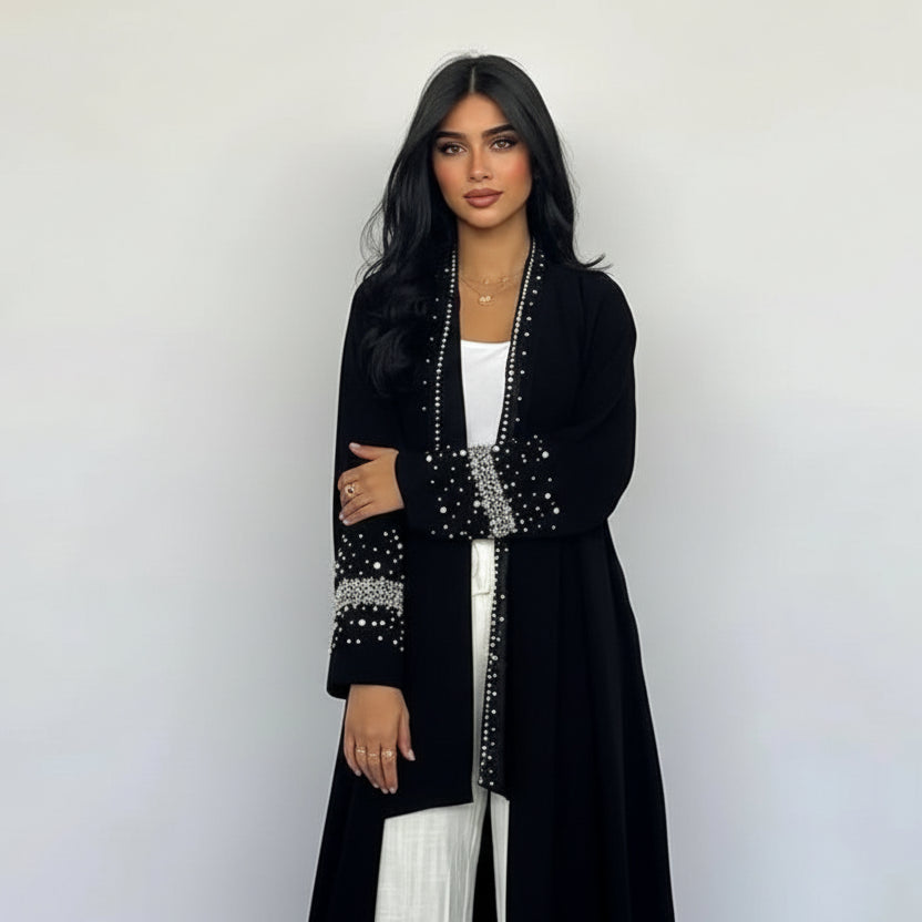With Hijab Hotfix Rhinestones Beads Cardigan Open Abaya Dress
