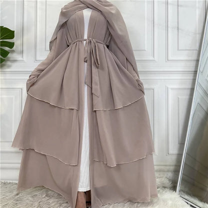 Apricot 3 Layer Chiffon Open Abaya Dress #25C1896