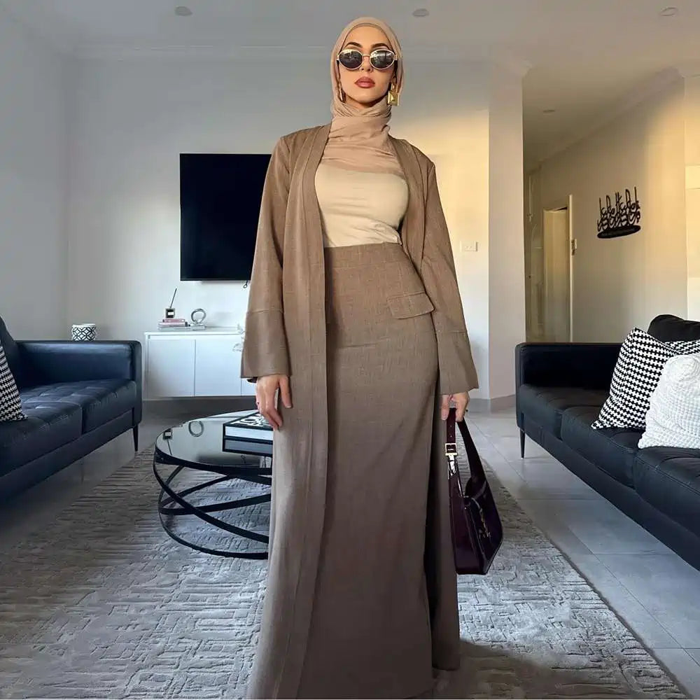 طقم عباية مفتوح مع تنورة للنساء المسلمات من قطعتين #251072