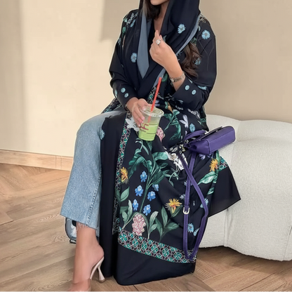 Printed Cardigan Open Abaya Dress With Matching Hijab For Muslim Women #25236