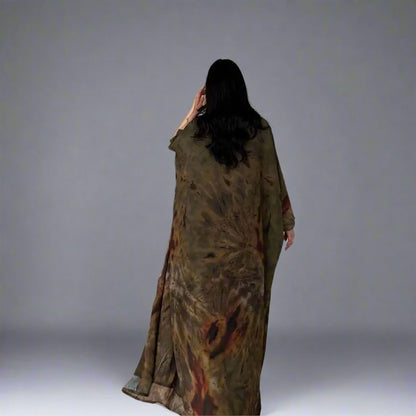 Cardigan Open Abaya Dress - Printed - Chiffon - Brown