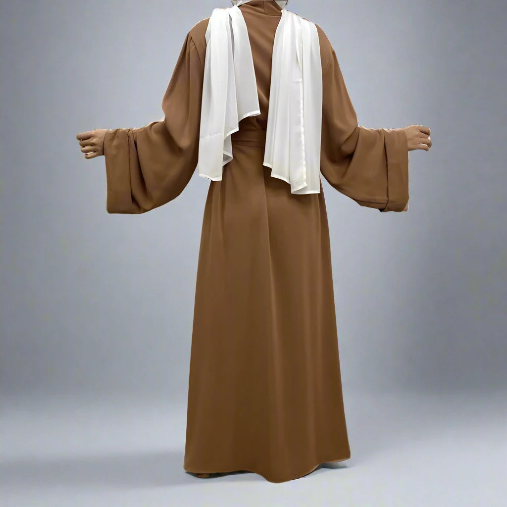Broken Twill Fabric Muslim Women Open Abaya Dress With Pocket