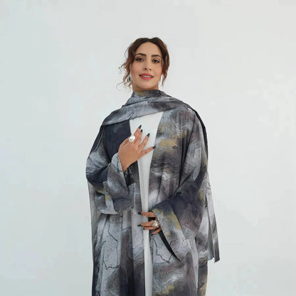 Muslim Women Printed Open Abaya Dress With Matching Hijab #251158
