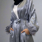 Muslim Women Printed Satin Open Cardigan Abaya Dress With Feather Puff Sleeve
