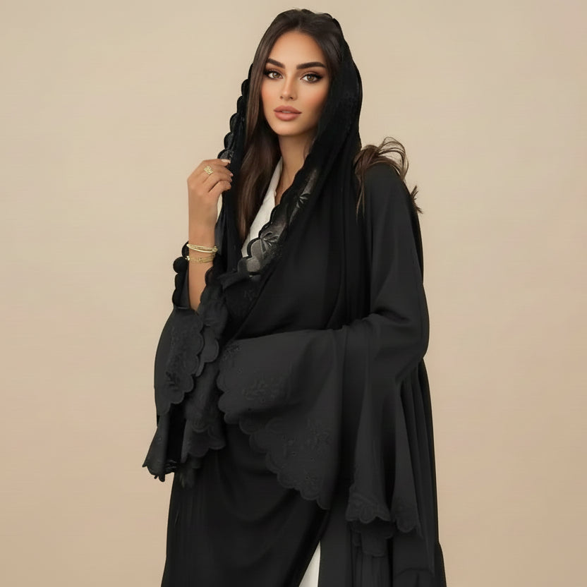 Embroidery Flare Sleeve Cardigan Open Abaya Dress #25232