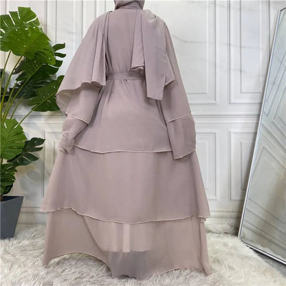 Apricot 3 Layer Chiffon Open Abaya Dress #25C1896