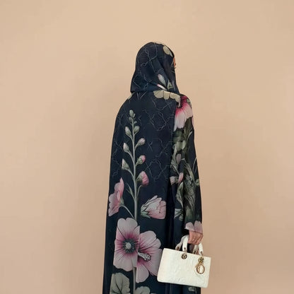 فستان عباية مفتوح من كارديجان مطبوع للنساء المسلمات مع حجاب متناسق #25239