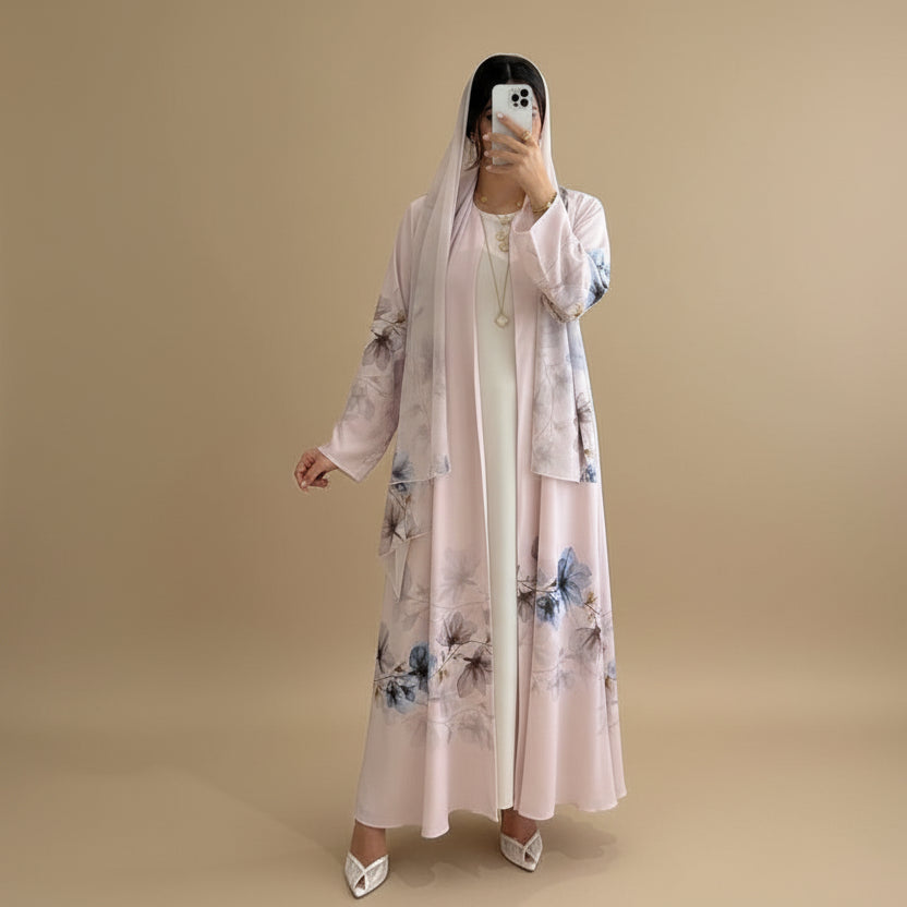 Middle East Arab Dubai Printed Open Abaya Dress With Hijab #251118