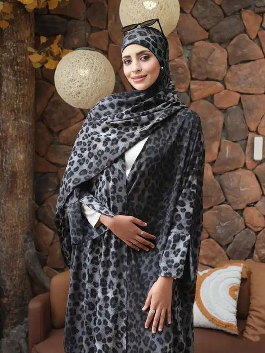 فستان عباية مفتوح بطبعة جلد النمر رمادي اللون #25975