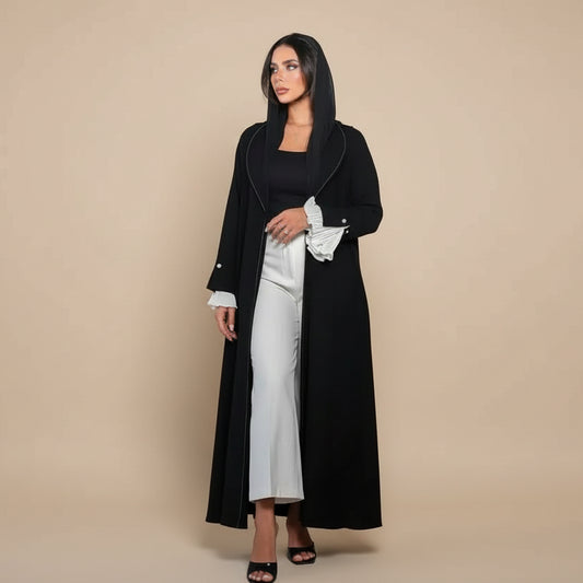 Cardigan Open Abaya Dress - Pleated Sleeve - Black - #25170