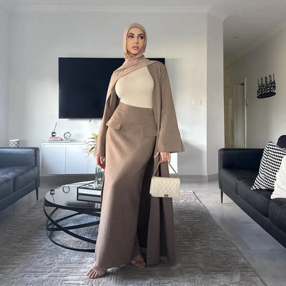 طقم عباية مفتوح مع تنورة للنساء المسلمات من قطعتين #251072