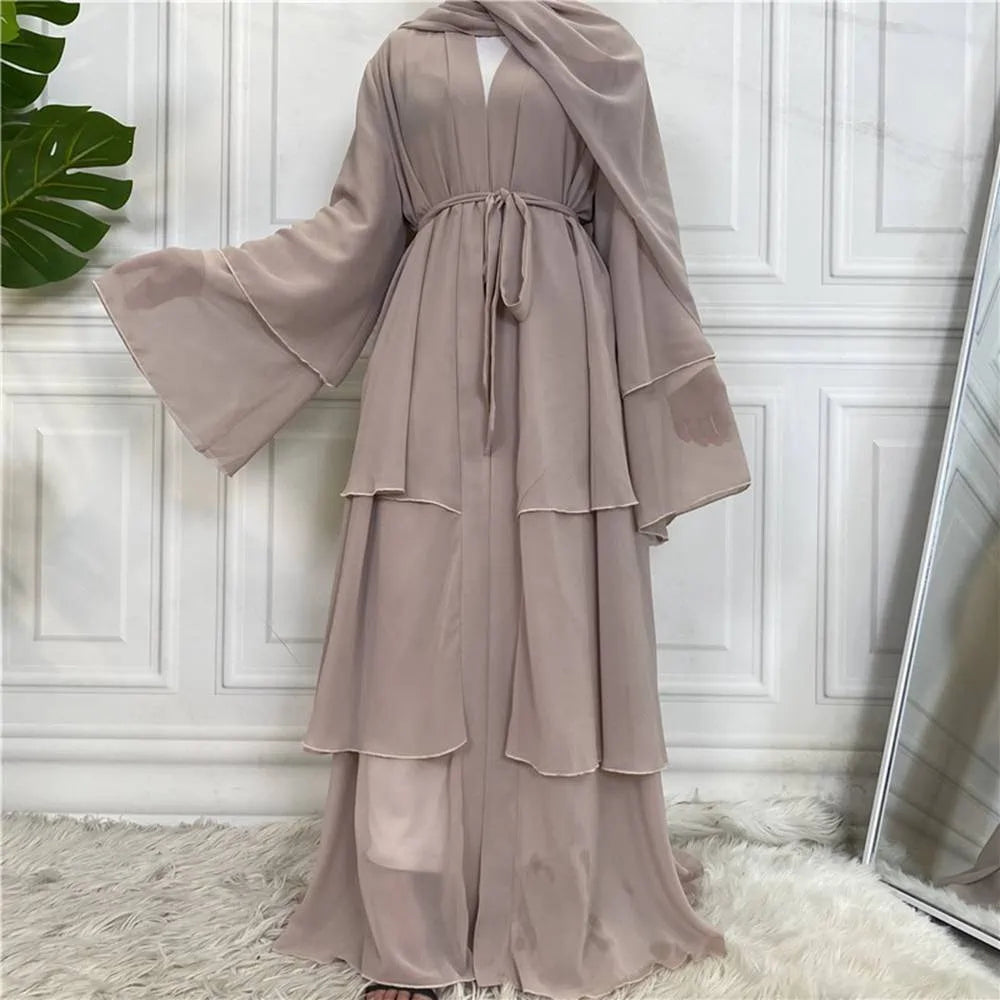 Apricot 3 Layer Chiffon Open Abaya Dress #25C1896