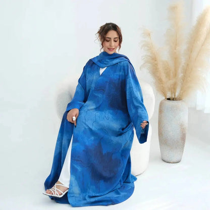 Muslim Women Printed Open Abaya Dress With Matching Hijab #251158