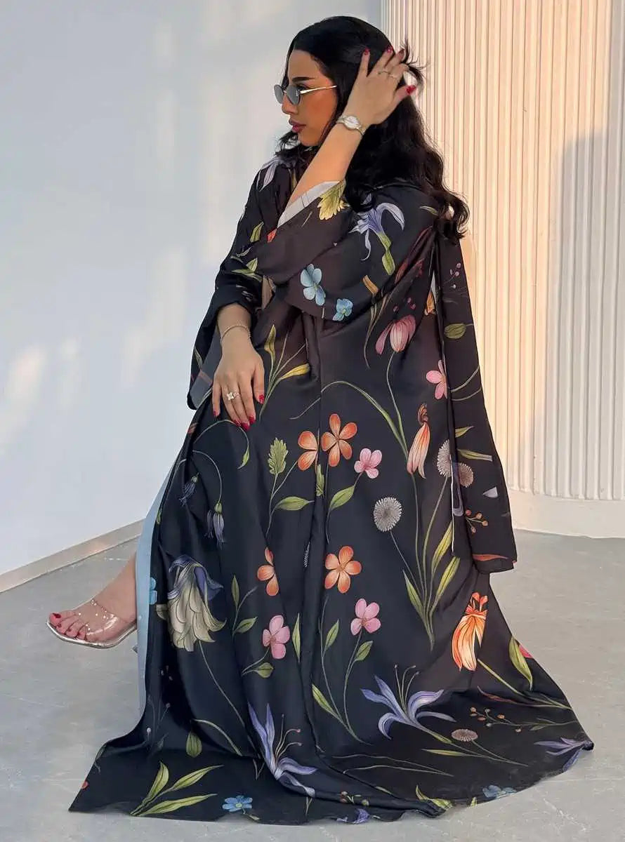 Muslim Women Printed Cardigan Open Abaya Dress With Matching Hijab #25252