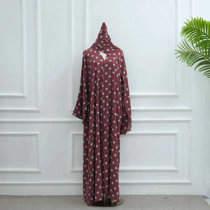 Polka Dot Print Cardigan Open Abaya Dress With Matching Hijab #251119