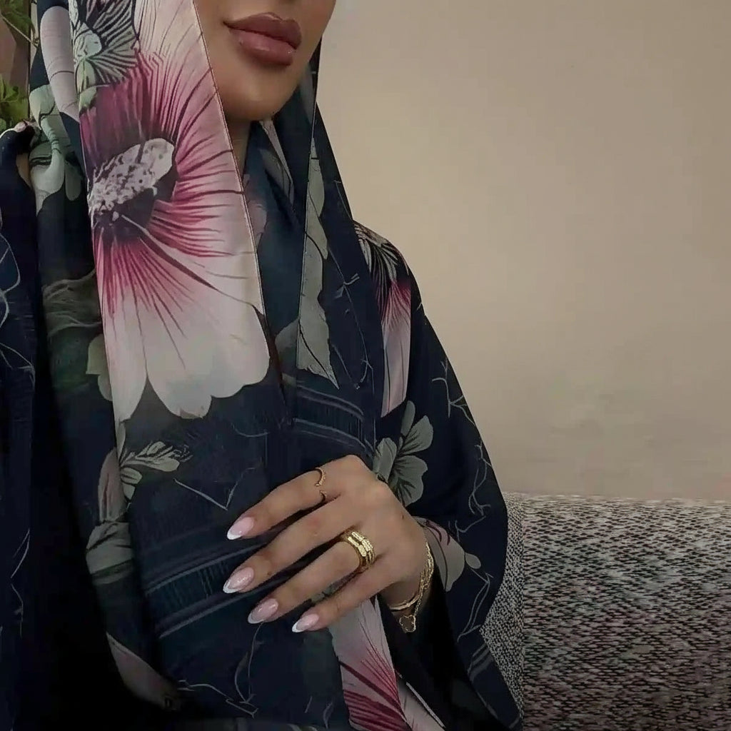 فستان عباية مفتوح من كارديجان مطبوع للنساء المسلمات مع حجاب متناسق #25239