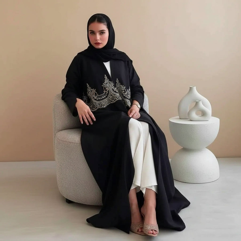 Muslim Women Islamic Applique Embroidery Cardigan Open Abaya Dress #25247