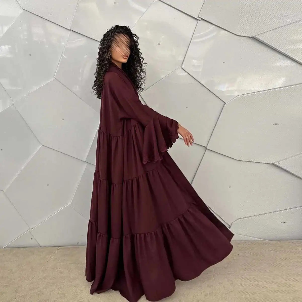 Embroidery Flare Sleeve Cardigan Open Abaya Dress #25232