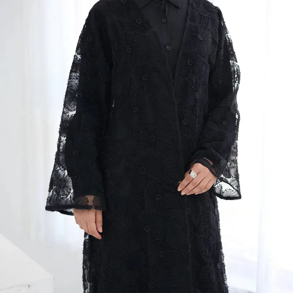 Luxury 3 Pieces Set Hand-stitched 3D Flowers Beads Open Abaya Dress Set With Hijab #251069