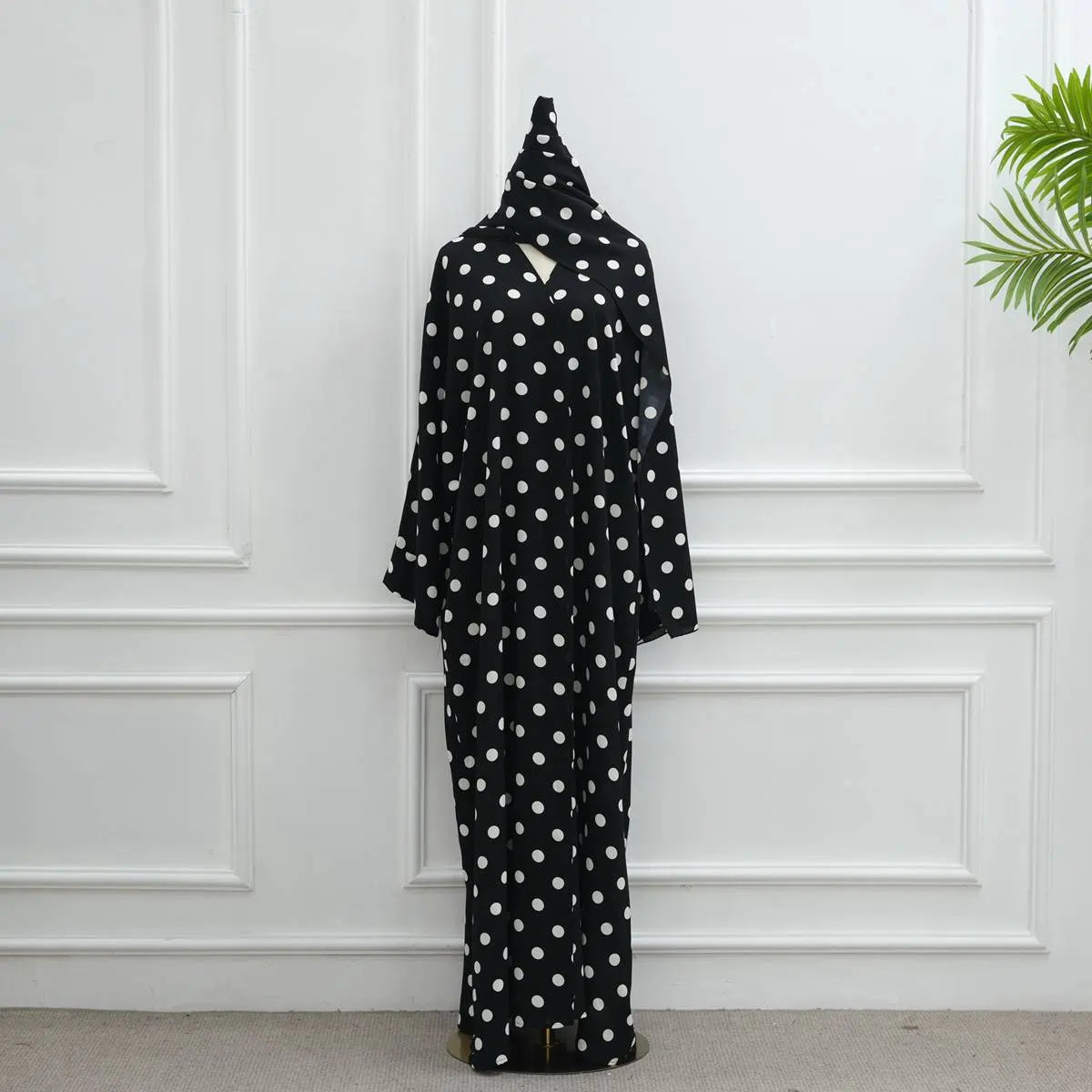 Polka Dot Print Cardigan Open Abaya Dress With Matching Hijab #251119
