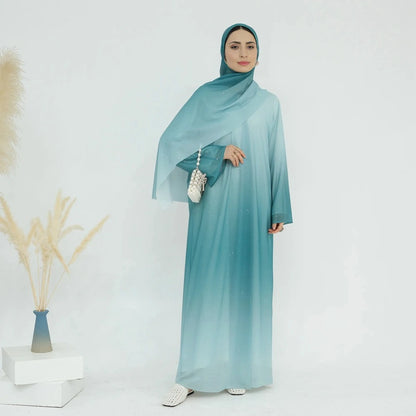 Gradient Glitter Open Abaya Dress With Matching Hijab #25797