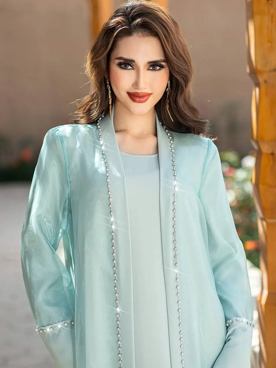 Hand-stitched Rhinestone 2 Pieces Set Open Abaya Dress Set With Inner Dress #255188